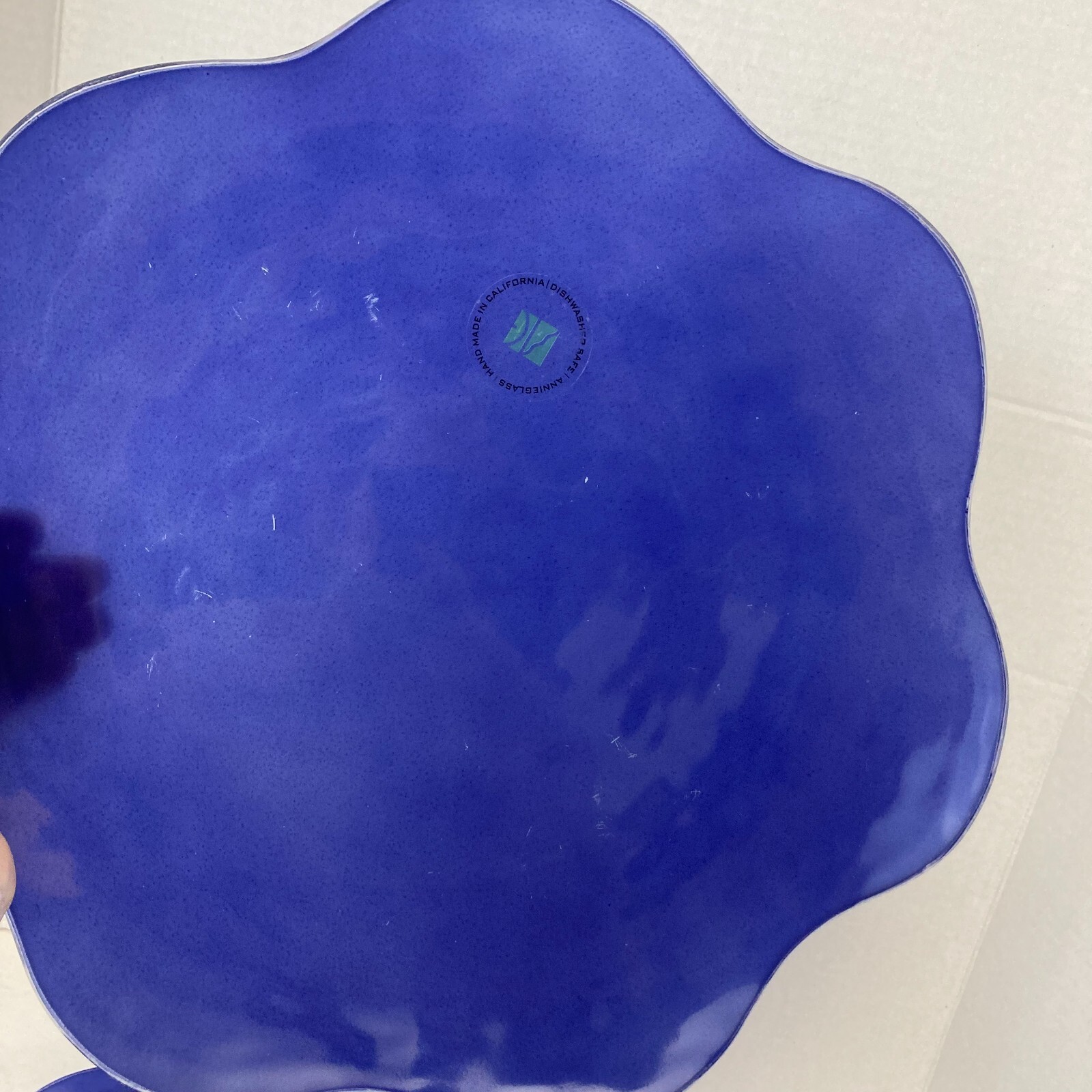 Set of 4 Annieglass Scalloped Handcrafted 13" Serving Plates Signed Blue USA