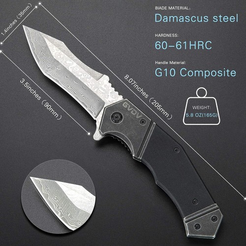 GVDV Damascus Pocket Folding Knife with G10 Handle, Spring Assisted Tactical - Picture 3 of 7