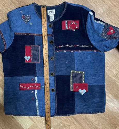 VINTAGE KORET CITY BLUES STRICKJACKE GRÖSSE 16W BESTICKT PATCHWORK HERZEN BLUMEN EUC - Bild 14 von 15