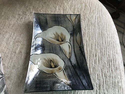 ARTESANO IRIDISCENTE PINTADO A MANO vidrio LIRIOS CALA - FONDO PLATA ORO placa - Imagen 8 de 10