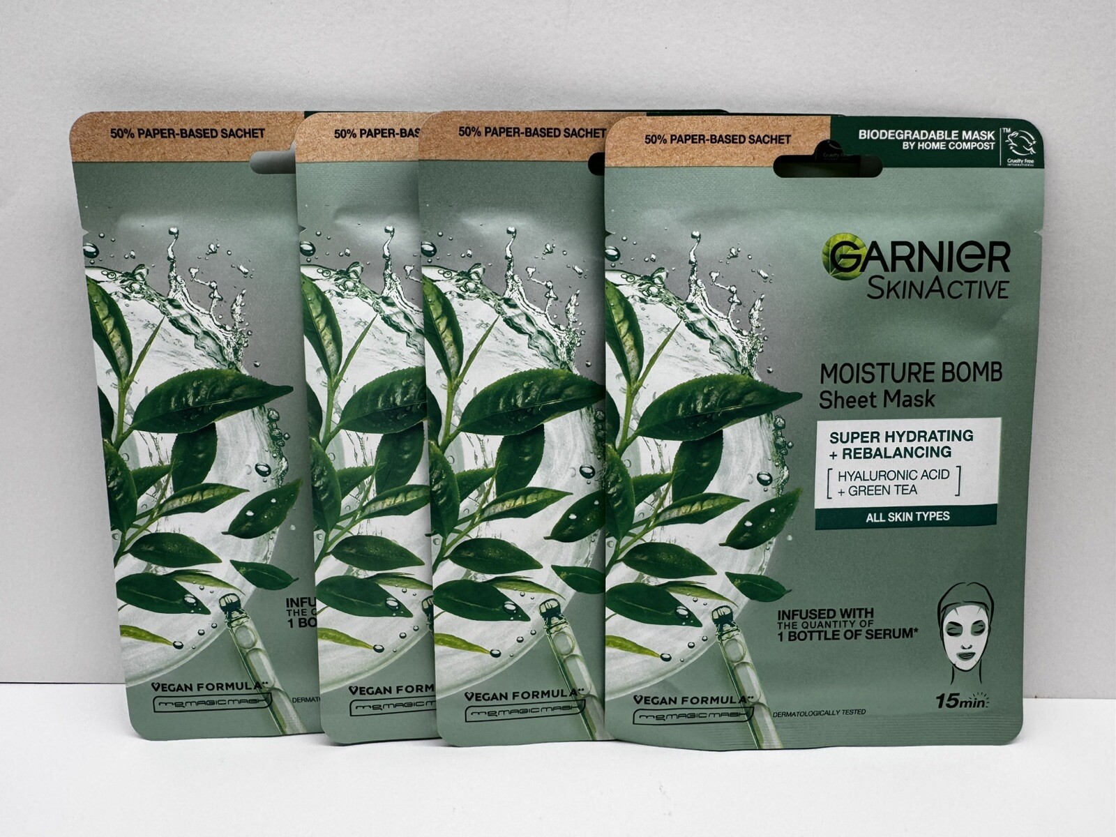 4x Garnier Moisture Bomb Green Tea Hyaluronic Acid Sheet Masks Super Hydrating