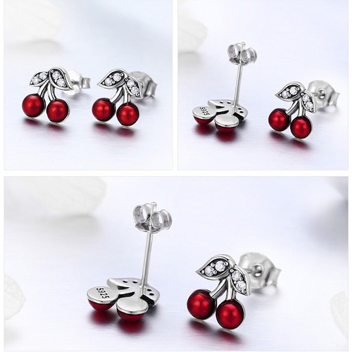 BAMOER S925 Sterling Silver Stud Earrings CZ Summer Cherry For Women Jewellry - Picture 10 of 11