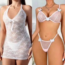 Women Lace Dress Babydoll Backless Dress Sleepwear Sexy Lingere Bodycon Bra Set