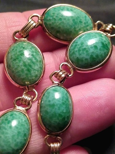 Vintage 1/20 12K Gold Filled PEKING GLASS Czech Green Mottled 14" Necklace! - Picture 2 of 11