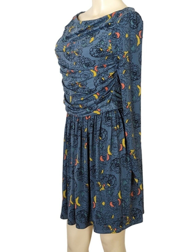 Leota Heirloom Boat neck ruched long sleeve mini grayish blue floral dress sz S - Picture 3 of 9
