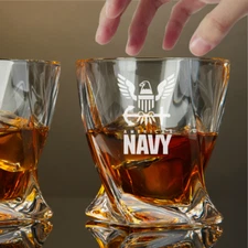 Custom Engraved US Navy Whiskey Glass – 10 oz Twisted Rocks Glass