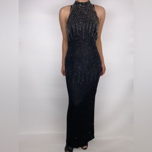 STENAY 90s Maxikleid Kleid Perlen Seide hochgeschlossen Neckholder verziert - Bild 2 von 10