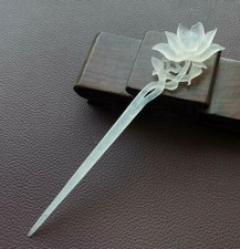 Chinese Antique Collection Natural Xiuyu Jade Lotus Flower Carved Jade Hairpin