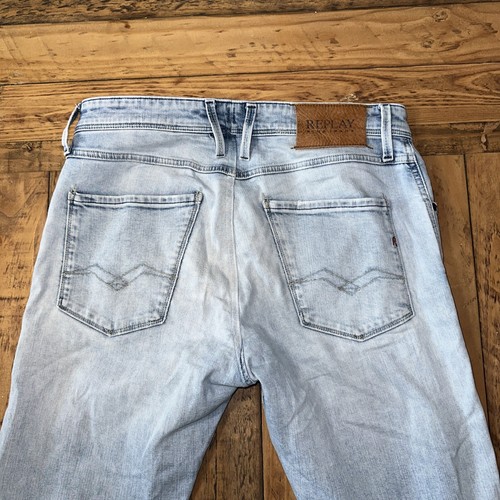 Replay Jeans Mens 33W 31L Blue Faded Wash ANBASS M914 Destroyed Skinny Leg Denim - Picture 10 of 12