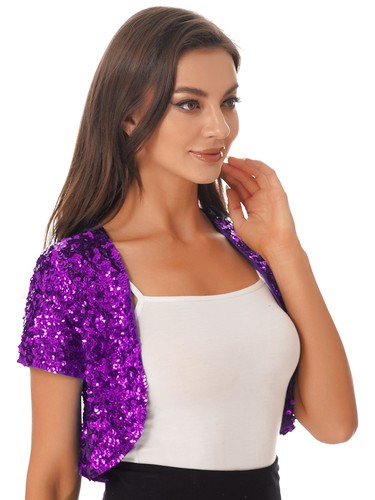 Mujeres Mangas Cortas Abrigo Recortado Brillante Bolero Encogimiento de hombros Cárdigan Chaquetas Retro - Imagen 37 de 42