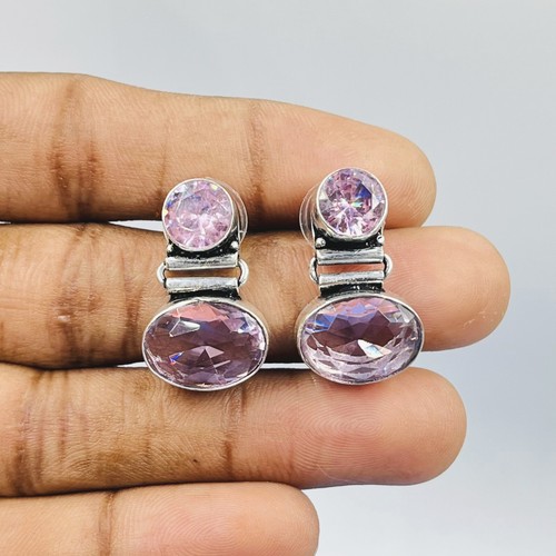 925 Sterling Silver Rose Cut Pink Topaz Gemstone Handmade Jewelry Earring - Picture 3 of 4