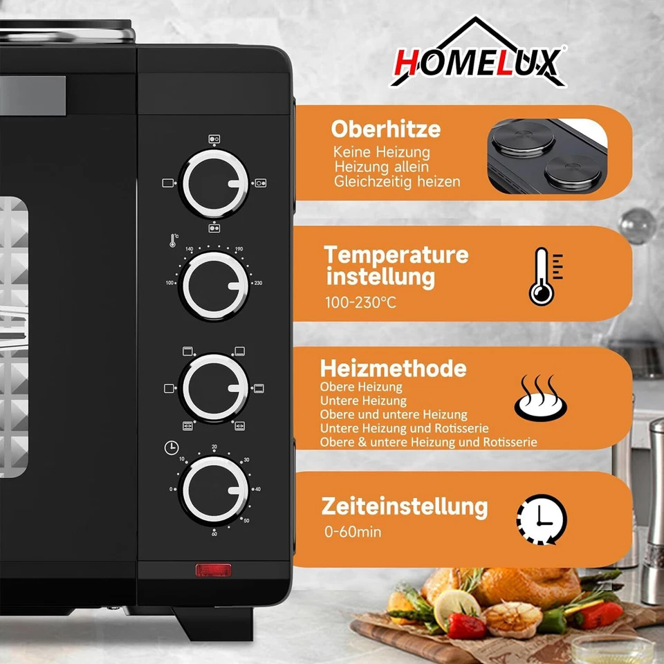 3600W Minibackofen mit Doppel Kochplatten Drehspieß 48L Mini Backofen Pizzaofen - Bild 2 von 4