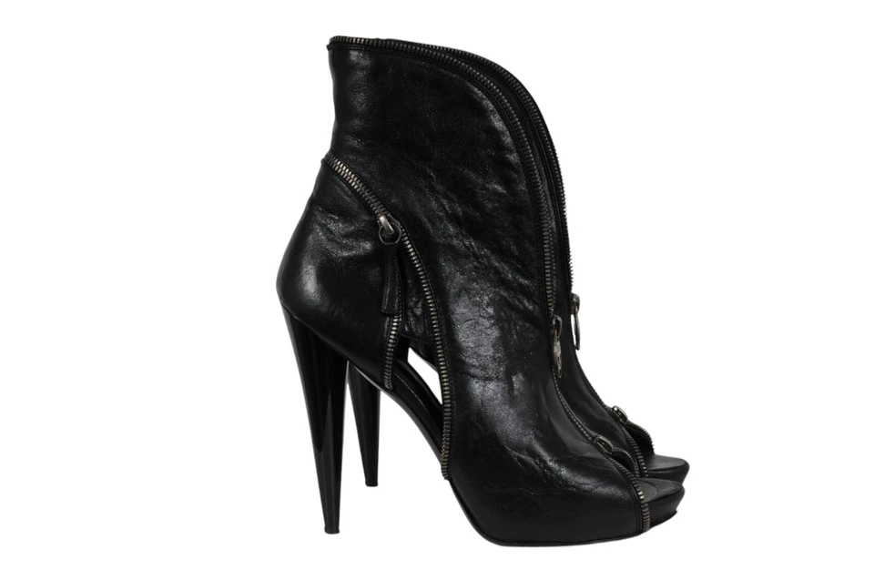 Alexander McQueen Cutout Peep Toe Skull Zip Booties US 10.5 EU40.5 Balck Leather - Image 2 of 4