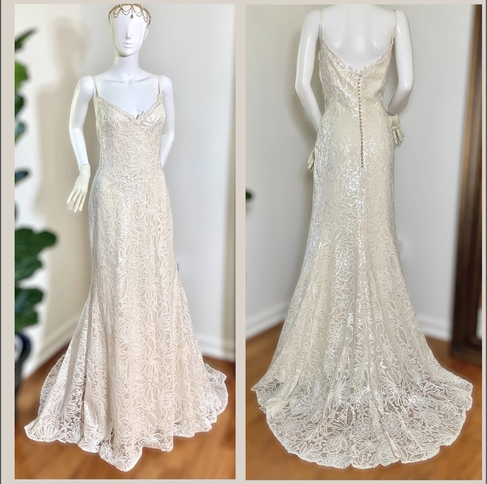 Vestido/vestido de novia Willowby by Watters totalmente de encaje con botones de perlas Seychelles talla M Foto 2 de 4