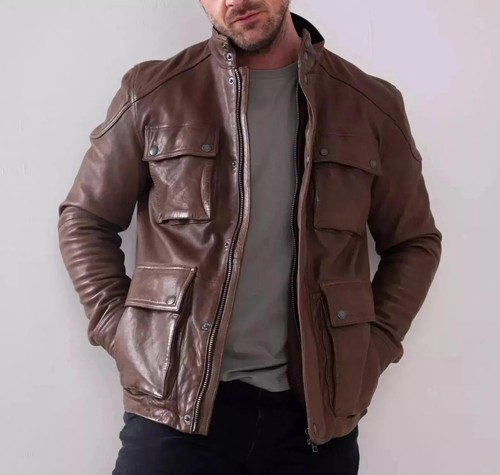 Men's Genuine Lambskin Leather Brown Vintage Military Style Fashion Jacket