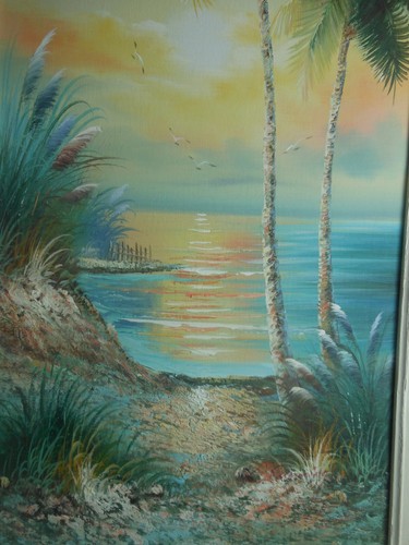 "K Cummings Florida pintura al atardecer palmeras playa avena marina gaviotas 24"" x 12" - Imagen 5 de 12