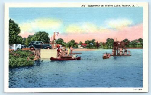 MONROE, New York NY ~ Walton Lake "MA" SCHAEFER'S Swimmers 1930s Postcard - Afbeelding 1 van 2