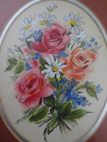 SIGNED Framed & Glass Covered FLORAL BOUQUET Original WATERCOLOR - 10" x 13" - Picture 3 of 5