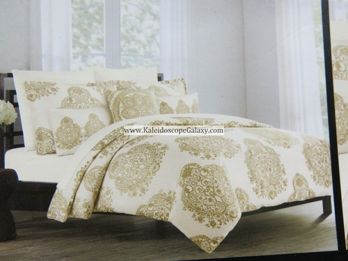 Tahari GOLD FLORAL PAISLEY MEDALLION 3pc FULL QUEEN DUVET COVER NEW MOROCCAN - Picture 7 of 8
