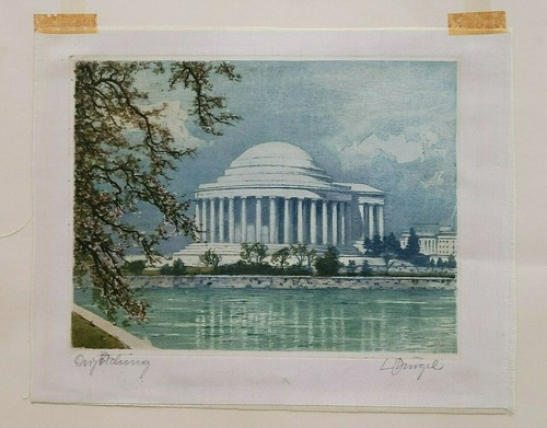 Grabado Ludwig Bürgel Mid Century en seda Jefferson Memorial Cherry Blores DC - Imagen 2 de 5