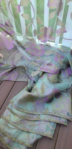 BOLT of 10 yards x 110" wide sage green sheer/purple flowers fabric for curtains - Picture 6 of 15