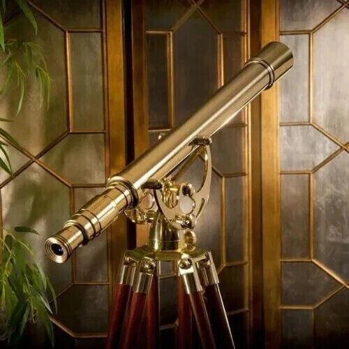 39" Brass Antique Nautical Floor Standing Telescope With Wooden Tripod Stand