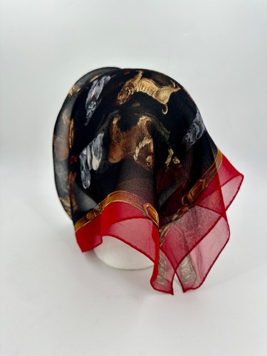 Talbots Dog Print Silk Scarf Sheer Chiffon - 20" Square - Black Red - Picture 7 of 8