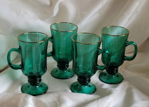 LIBBEY JUNIPER GREEN -  GLASS IRISH COFFEE PEDESTAL MUGS GOLD TRIM - SET OF 4
