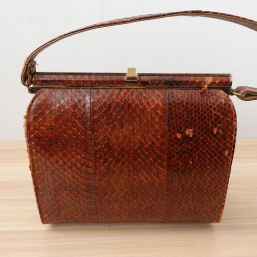 VINTAGE Python Bag Snakeskin Frame Box Purse Brown Exotic Leather Square 60s 70s - Picture 4 of 24