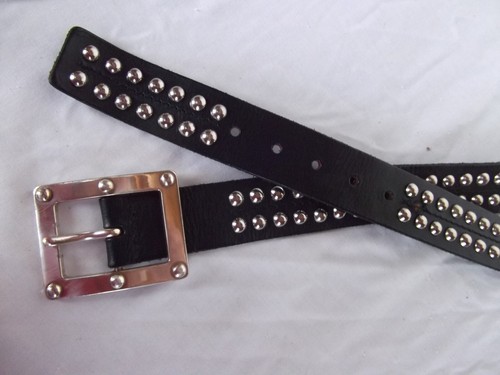 Michael Kors leather belt silver brass 1-3/8in wide 47in strap M L stud grommet - Picture 2 of 8