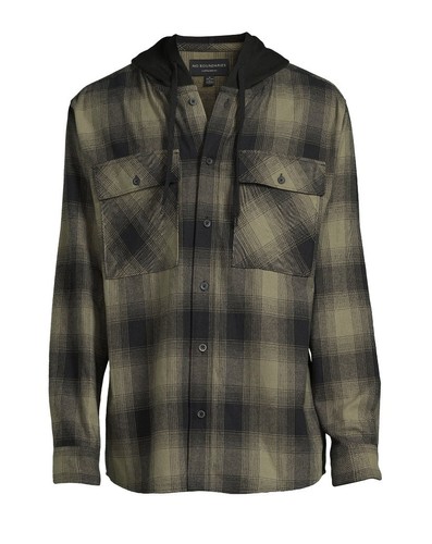 Mens Hooded Flannel Shirt Shacket Jacket Black and Green LARGE NEW