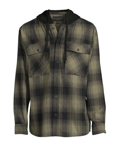 Mens Hooded Flannel Shirt Shacket Jacket Black and Green LARGE NEW - Picture 1 of 6