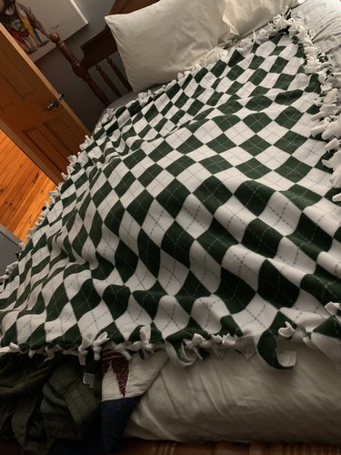Blanket Fleece Tied Approx. “60x50” Reversible Green And White Checked Beautiful - Picture 2 of 7