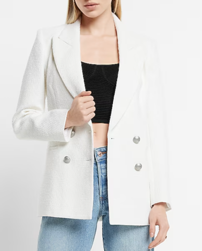 NEW EXPRESS IVORY TWEED DOUBLE BREASTED NOVELTY BUTTON BLAZER JACKET SZ L - Picture 2 of 9
