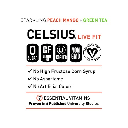 CELSIUS Green Tea Peach Mango, Functional Essential Energy Drink (Pack of 12) - Picture 4 of 5