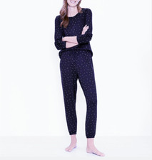 LOFT WOMEN'S NAVY BLUE GOLD SHIMMER DOT PRINT LONG SLEEVE PAJAMA SET Sz L