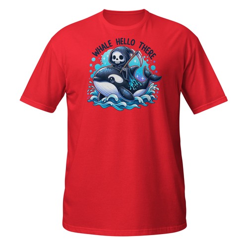 Funny Grim Reaper Riding Orca T-Shirt – "Whale Hello There" Skeleton Ocean Tee - Picture 2 of 33