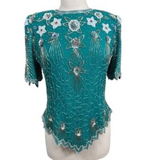 Vintage 80s Sequin Hi Fashions Beaded Silk Top   Teal Small