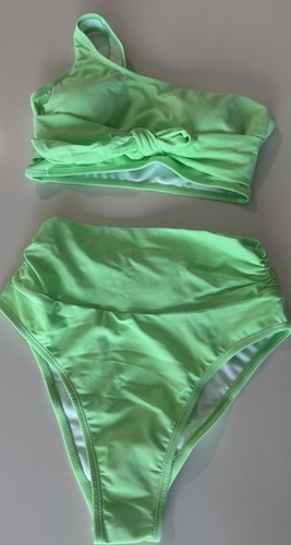 One Shoulder High Waisted Bikini Set Two Piece Tie High Leg Swimsuit green Small - Picture 7 of 13