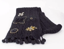 One Girl Who NEW 76" x 9" Black Gold Amber White Applique Beaded Scarf