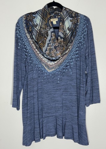 One World Damen Tunika Top Größe 2X Plus mit Schal Häkel Country Western Boho  - Bild 3 von 13