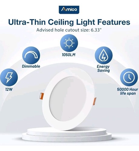 Amico 6 Pack 6 Inch Ultra-Thin LED Recessed Lights 5CCT 2700K-5000K Dimmable - Picture 3 of 5
