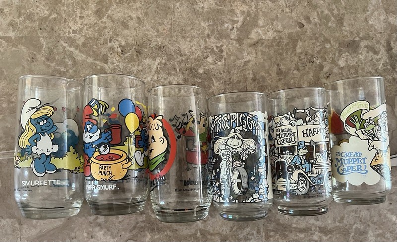 Vintage 80s Cartoon Glass Lot of 6 Muppets Smurfs Alvin Chipmunks Fast Food 