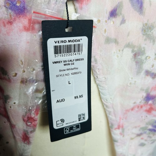 Vera Moda BNWT SS Calf Dress White Pink Open Back Puff Sleeve Size L - Picture 8 of 11