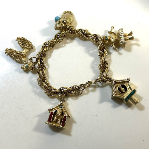 VTG Coro Charm Bracelet Signed Gold Tone Pets Poodle Dog Cat HTF
