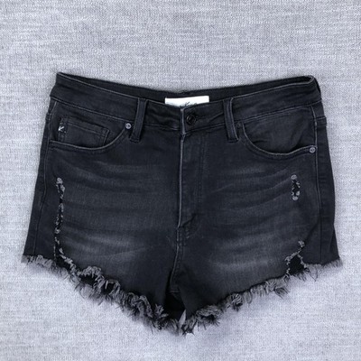 KanCan Denim Jean Shorts Womens Large Black Distressed Frayed Hem High Rise