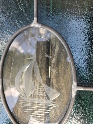 MCM Stained Leaded Bevel Art Glass Panel Window 14x11.5” Suncatcher Etched Boat - Picture 7 of 14