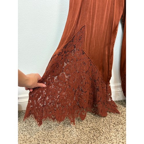 Anthropologie Satin Ruffle Sleeve Lace Mix Wide Leg Rust Jumpsuit 14 - Picture 6 of 7