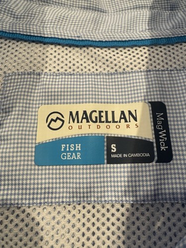 Magellan men’s S blue/white micro plaid SS button down vented fish gear shirt - Picture 3 of 4