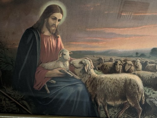 Antique Giovanni The Good Shepherd Jesus Sheep Lithograph Print C 1940s w Hanger - Picture 2 of 21